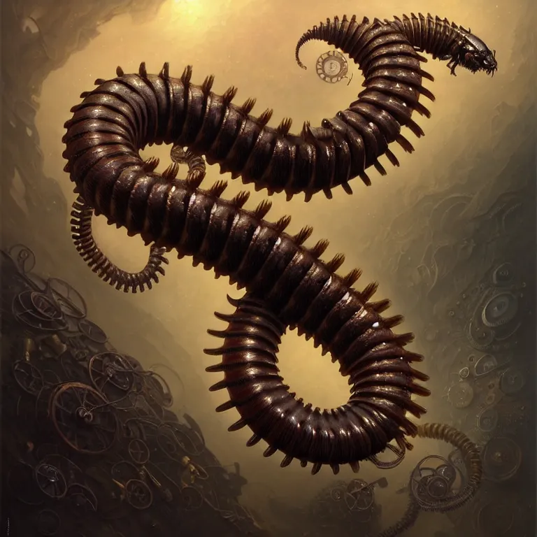 Image similar to steampunk robot millipede, unreal engine realistic render, 8 k, micro detail, intricate, elegant, highly detailed, centered, digital painting, artstation, smooth, sharp focus, illustration, artgerm, tomasz alen kopera, peter mohrbacher, donato giancola, joseph christian leyendecker, wlop, boris vallejo