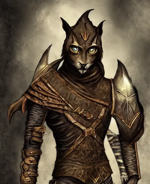 Image similar to humanoid male khajiit rogue, wearing leather armor, magic the gathering, fantasy