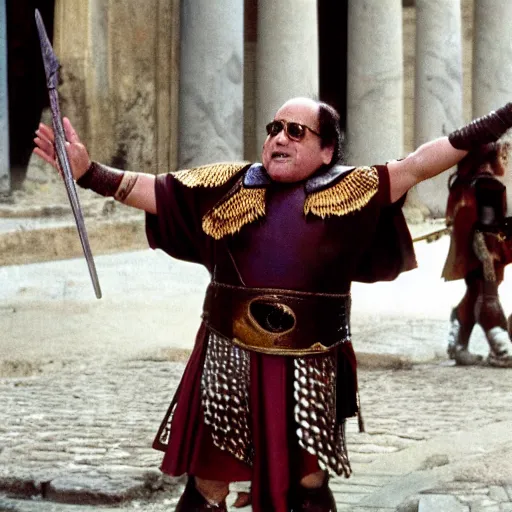 Image similar to danny devito as a roman praetorian in the streets of ancient rome, color film still