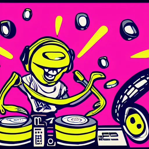 Image similar to svg sticker of a Pop-Wonder Alien-Bog-Monster-Swamp-Rat-Thunder-Coot-Racing-Fan at a rave, spinning records, giant headphones rocking out, wearing headphones, huge speakers, dancing, rave, DJ, spinning records, digital art, amazing composition, rule-of-thirds, award-winning, trending on artstation, featured on deviantart