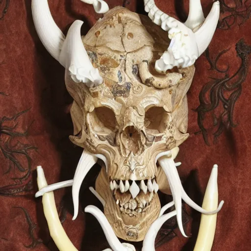 Image similar to an intricately detailed carving in an wolf - octopus skull, rococo ornate bone and ivory sculpted skull with teeth and tentacles, horror, artifact, micro detailed, inscribed with occult symbols, otherworldly