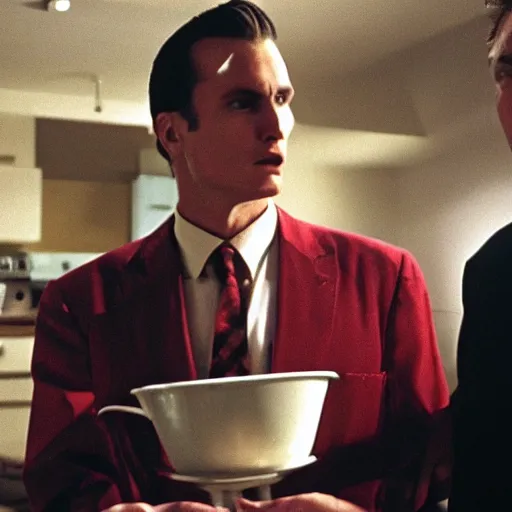 Image similar to pasta as The American Psycho, cinematic still