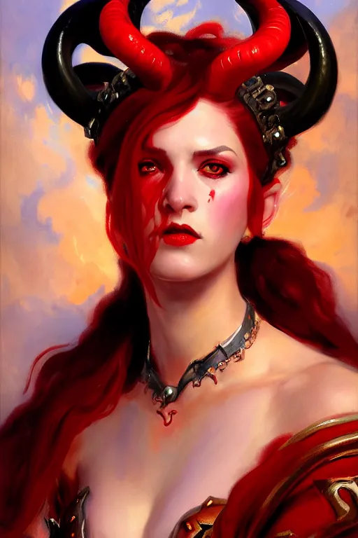 Prompt: painted close - up portrait of a attractive red - skinned intimidating demon girl with ram horns! oil painting, wearing a noblewoman's outfit, fantasy art by john singer sargent and gaston bussiere, and james jean and tyler edlin, demon noble character design, hd