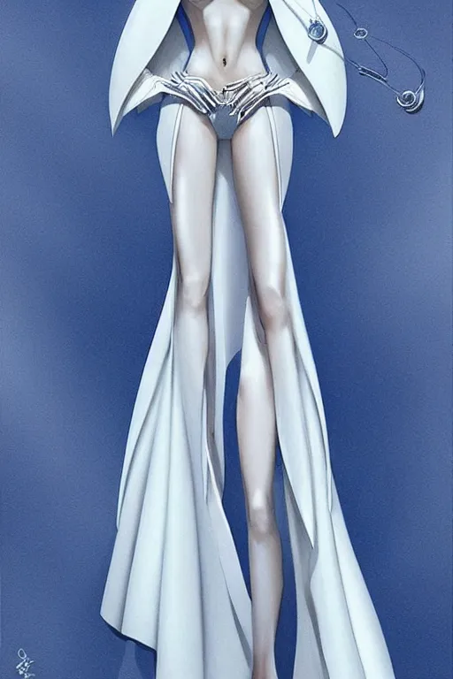 Image similar to detailed beautiful noun in opened white gold blue coat, seductive confident pose, attractive feminine curves, intricate details, futuristic, alien, elegant cape, elegant, photorealism, trending on artstation, holy halo, advanced technology, art by moebius and vitaly bulgarov and chanthara