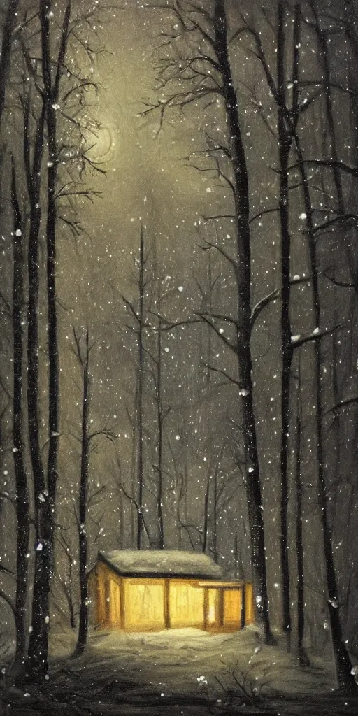 Image similar to snowy forest night scene in a single wooden cabin surrounded by the woods with one illuminated window, horror dark contrast, oil painting