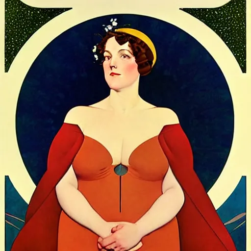 Image similar to Art in the style of Coles Phillips, Gaia, Full figured Mother Earth, portrait, Mucha, Georgia O'Keeffe