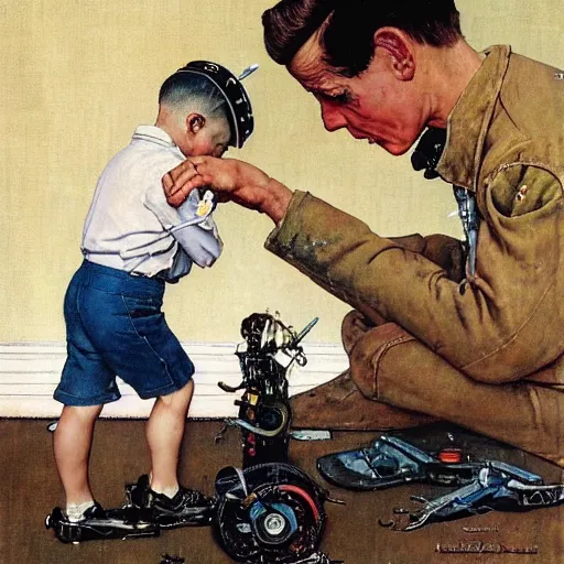 Image similar to a Norman Rockwell painting of a boy fixing his robot