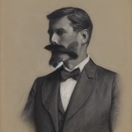 Image similar to portrait of an action hero, suit, bow tie, mustache, by alfred stevens in charcoal