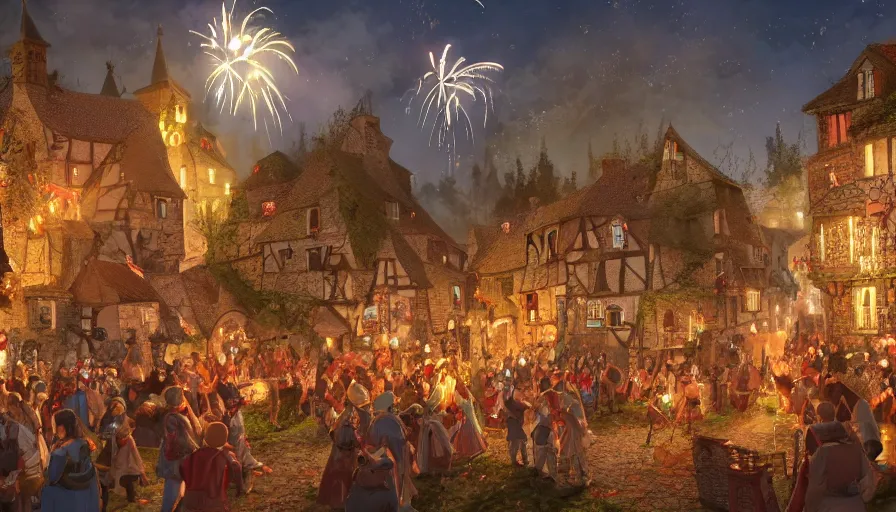 Prompt: Small cute medieval village with people celebrating with a brass band, dancing and fireworks at night, color lights, hyperdetailed, artstation, cgsociety, 8k
