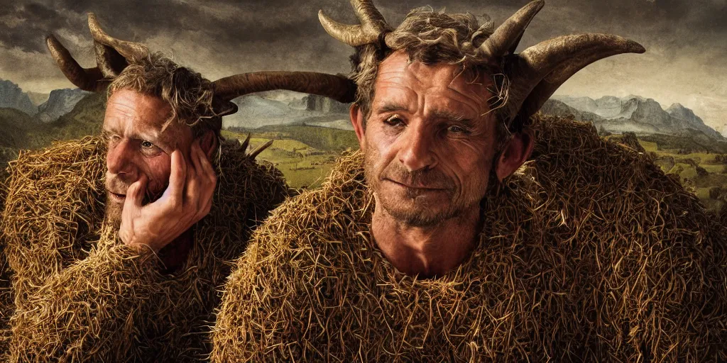 Image similar to portrait of a tyrolean farmer, wearing hay coat, with horns, visible muscles and veins and arteries and bones and spines and nerves, flowers growing out of his body, beautiful detailed intricate insanely detailed octane render, 8k artistic photography, photorealistic, chiaroscuro, by David Cronenberg, Raphael, Caravaggio