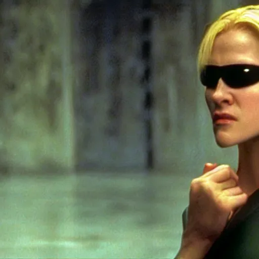 Image similar to movie still from the matrix ( 1 9 9 9 ) of donald trump