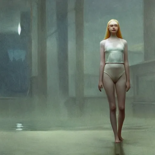 Image similar to Elle Fanning in an underwater city in the world of Edward Hopper, stormy sea, extremely detailed masterpiece, oil on canvas, low-key neon lighting, artstation, Blade Runner 2049, Roger Deakin’s cinematography, by J. C. Leyendecker and Peter Paul Rubens,