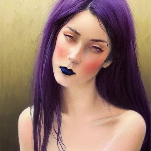Prompt: facial portrait of a young pretty woman in flowing dress, arrogant, mysterious, long fine purple hair, delicate, looking at camera!!!, slightly awkward smile!, realistic face, no hands visible, intricate, stylish, elegant, grimdark fantasy, vibrant, extremely detailed painting by Greg Rutkowski and Steve Henderson and Harumi Hironaka