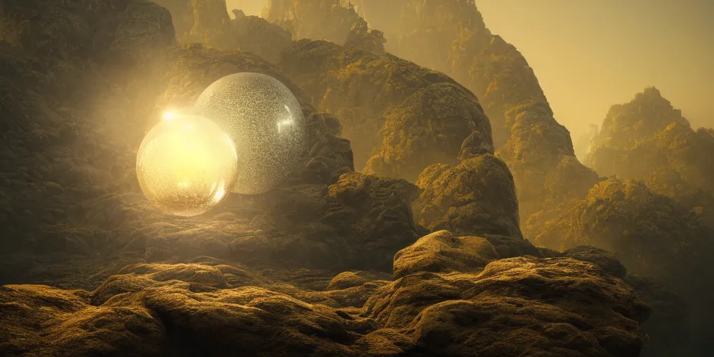 Prompt: Photorealistic intricate detailed picture of a giant floating glass sphere, a gentle rising mist, an epic rocky landscape. occult photorealism, UHD, amazing depth, glowing, golden ratio, 3D octane cycle unreal engine 5, volumetric lighting, cinematic lighting, cgstation artstation concept art