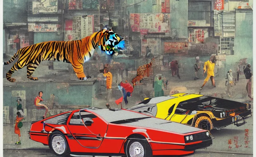 Image similar to a red delorean and a yellow tiger in ajegunle slum of lagos - nigeria, painting by hsiao - ron cheng, utagawa kunisada & salvador dali, magazine collage style,