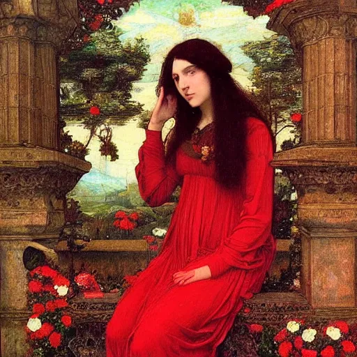 Prompt: Symmetric Pre-Raphaelite painting of a beautiful woman with dark hair in a dark red dress, sitting on a throne of rocks, surrounded by a halo of flowers and neural networks and geometric drawings and mathematical drawings, by John William Waterhouse, Pre-Raphaelite painting