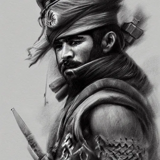 Image similar to Kurdish samurai, extremely detailed charcoal sketch, realistic, incredibly detailed, award winning art, cinematic, extremely high detail, concept art, 4k fantasy art, trending on artstation, full body shot