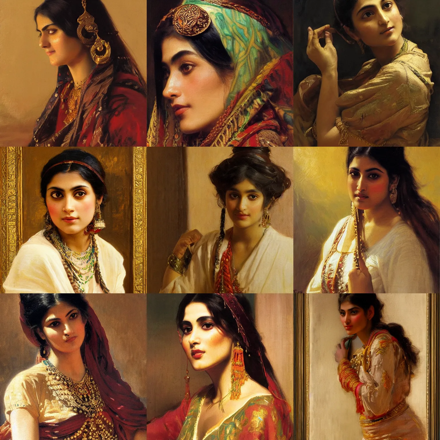 Prompt: orientalism painting of a pretty young pakistani woman face detail by theodore ralli and nasreddine dinet and anders zorn and edwin longsden long, bronze age, sword and sorcery, oil on canvas, masterful intricate artwork, excellent lighting, high detail 8 k