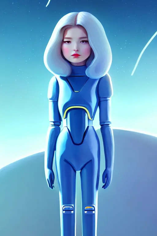Image similar to perfect family android women dressed with explorer suit, artgem, scifi, futuristic design, bae suzy, long white hair!!!, blue eyes,, full body character design, cinematic lighting, highly detailed, artstation, divine, by huifeng huang, beeple, goro fujita, smooth gradient.