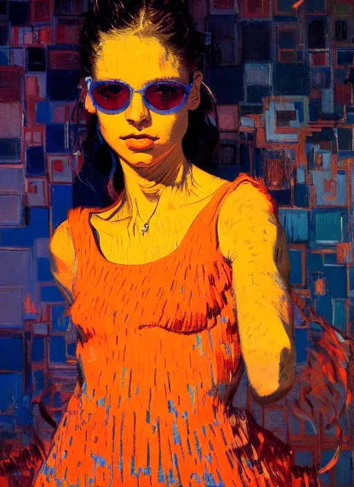 Image similar to portrait of beautiful girl, dancing, ecstatic, ibiza night club, sunset, shades of orange and blue, beautiful face, rule of thirds, intricate outfit, spotlight, by greg rutkowski, by jeremy mann, by francoise nielly, by van gogh, digital painting