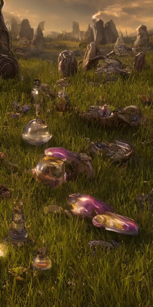 Prompt: a celestial potion inside a glass vile laying in a field , Fantasy, object, highly detailed, unreal engine 5, trending on artstation