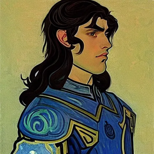 Image similar to painting of handsome beautiful paladin elf! man with long wavy dark hair in his 2 0 s named shadow taehyung at the blueberry party, wearing armor!, elegant, clear, painting, stylized, delicate, soft facial features, art, art by alphonse mucha, vincent van gogh, egon schiele,