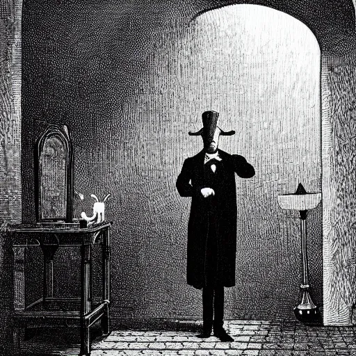 Image similar to Photo of a goat-headed victorian-style magician in a dimly lit room of a gothic castle