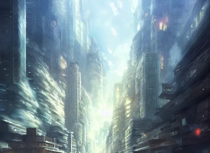 Prompt: a city fleeing from a massive alien hybrid kaiju creature as the city falls apart, dust and smoke, fire, falling skyscrapers, by makoto shinkai an krenz cushart