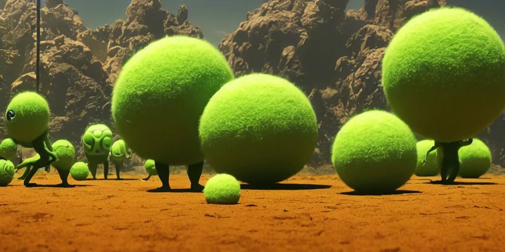 Image similar to a cinematic poster photo of 8 k ultra realistic tennis ball monsters, exotic, cinematic lighting, trending on artstation, 4 k, hyperrealistic, focused, high details, unreal engine 5, cinematic, alien planet atmosphere in background, 3 d render by beeple