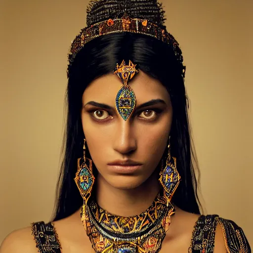 Image similar to portrait of a stunningly beautiful persian tribal female, depth of field, zeiss lens, detailed, symmetrical, centered, fashion photoshoot, by Annie Leibovitz and Steve McCurry, David Lazar, Jimmy Nelsson, Breathtaking, 8k resolution, extremely detailed, beautiful, establishing shot, artistic, hyperrealistic, beautiful face, octane render