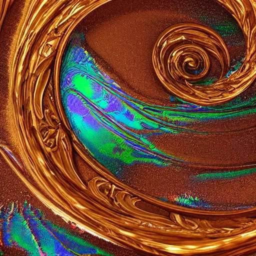 Image similar to Art Nouveau cresting oil slick waves, hyperdetailed bubbles in a shiny iridescent oil slick wave, ornate copper patina medieval ornament, rococo, oganic rippling spirals, octane render, 8k 3D