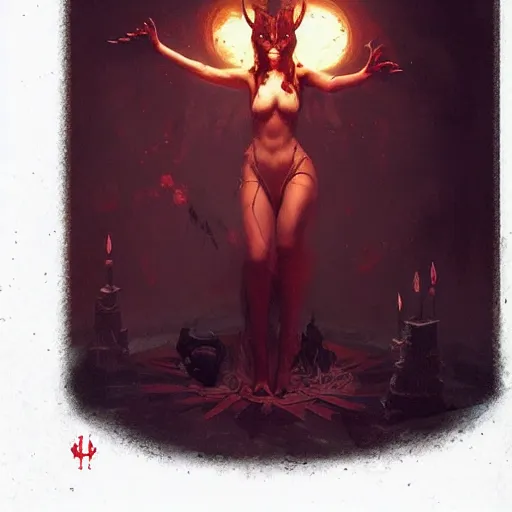 Image similar to “a beautiful girl performing a satanic ritual by Greg Rutkowski, dark fantasy, realism, trending on Artstation”