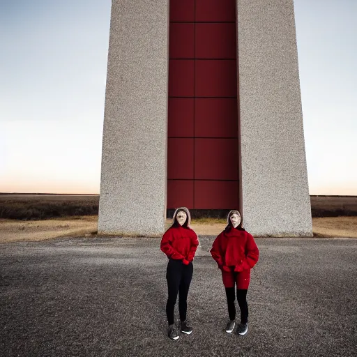 Image similar to photographic portrait of 2 clones in front of a brutalist metal building, 2 techwear women, on a desolate plain, red sky, sigma 8 5 mm f / 1. 4, 4 k, depth of field, high resolution, 4 k, 8 k, hd, full color
