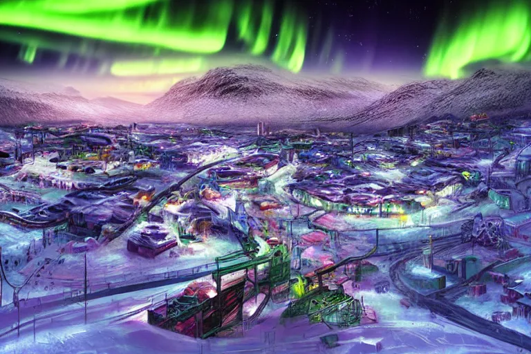 Image similar to favela winding cybernetic thrill ride, snowy arctic environment, blooms, industrial factory, bright, aurora borealis, award winning art, epic dreamlike fantasy landscape, ultra realistic,