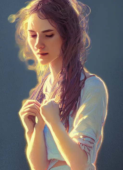 Image similar to lesley horby detailed clothing, half body shot, arms down, path traced, highly detailed, high quality, digital painting, alena aenami, lilia alvarado, shinji aramaki, karol bak, alphonse mucha, tom bagshaw