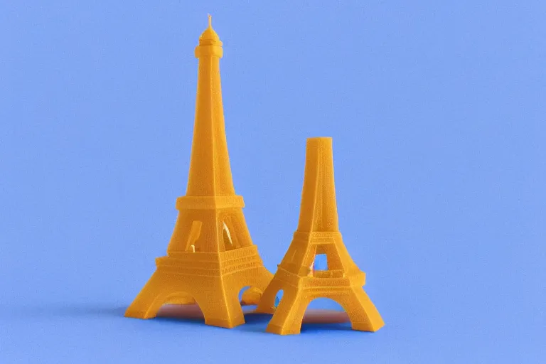 Prompt: 3d render of a small Eiffel Tower model made of Swiss cheese, blue background, soft lighting