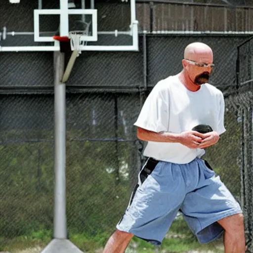 Prompt: walter white playing basketball in the prison yard