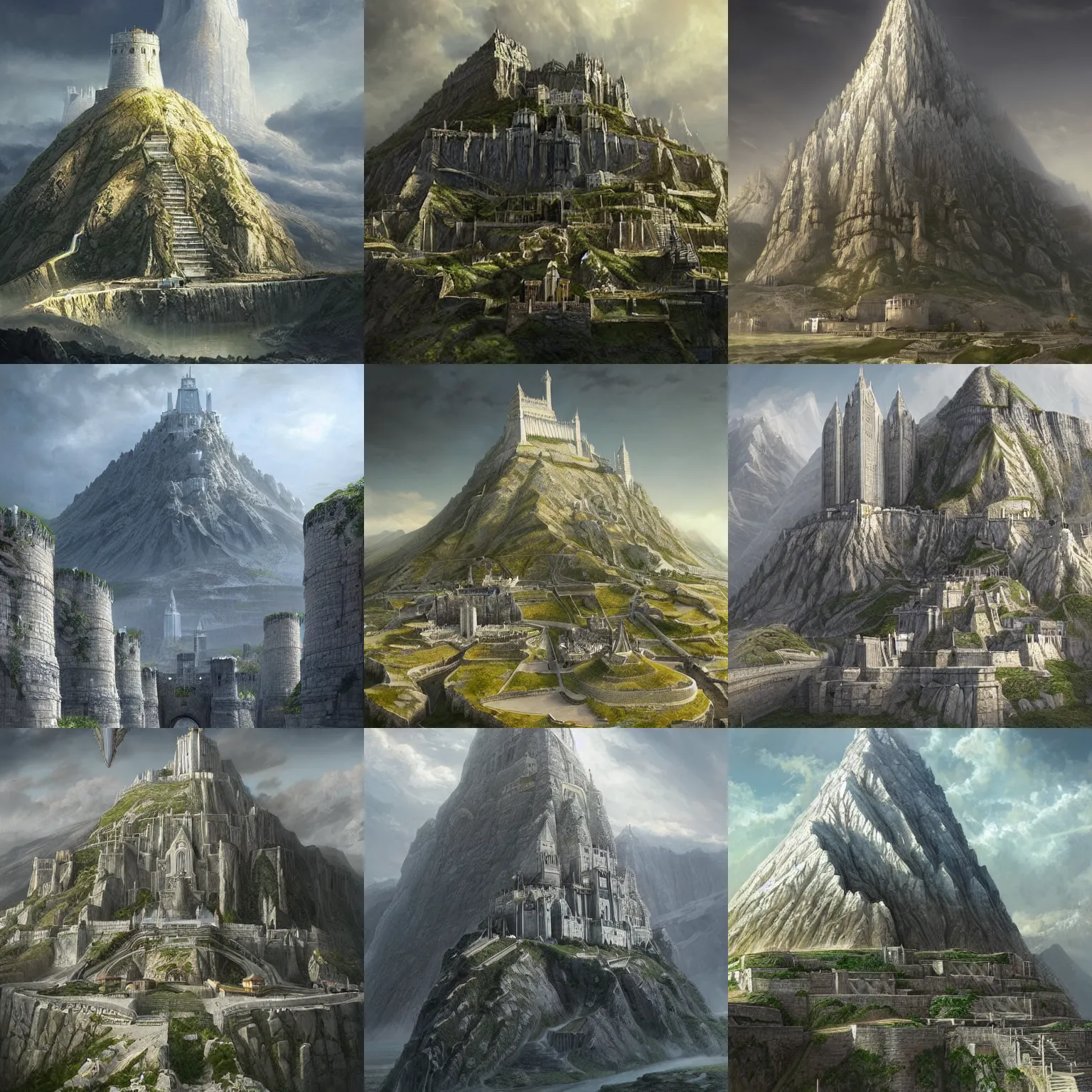 minas tirith, mountains, art deco, sense of awe, eerie