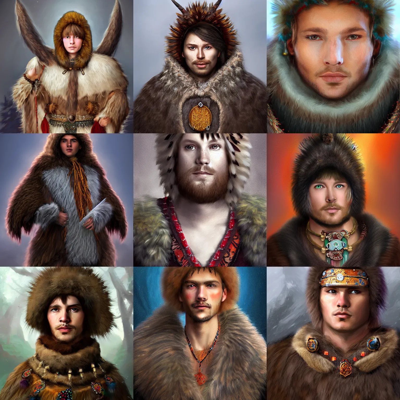 Prompt: Bjørn, a young male shaman wearing a bearskin cloak festooned with trinkets and amulets, portrait, shaggy haircut, 8k resolution, full-length portrait, digital painting, fantasy illustration, D&D character art