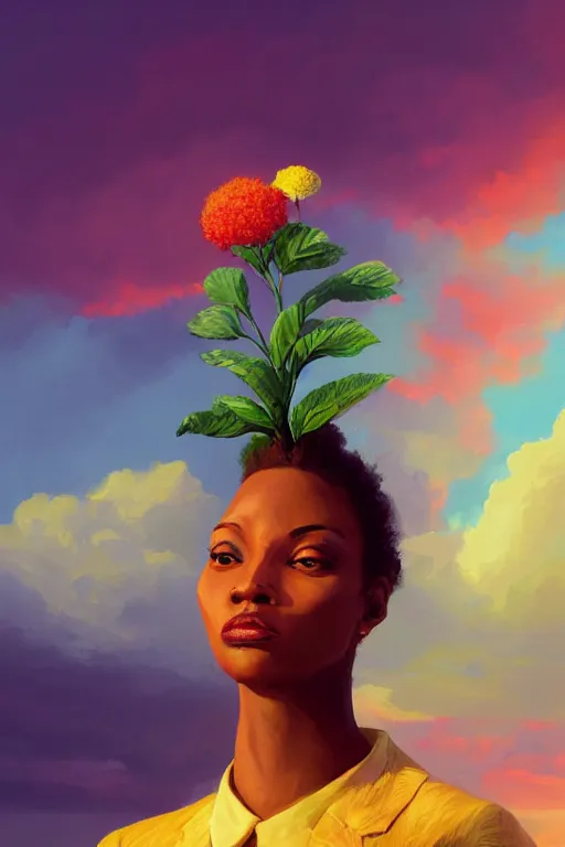 Image similar to closeup, giant flower as head, black woman in suit, surreal photography, golden hour, colorful clouds, impressionist painting, digital painting, artstation, simon stalenhag