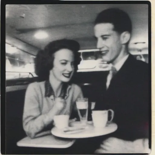 Prompt: a polaroid photo of a couple at an american diner in the 1 9 5 0 s