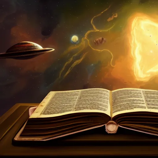 Prompt: front facing shot of an ancient book on a vintage table in space, concept art, sci - fi illustration, painting, realistic,, radiant light, detailed and intricate environment, 8 k, h 6 4 0