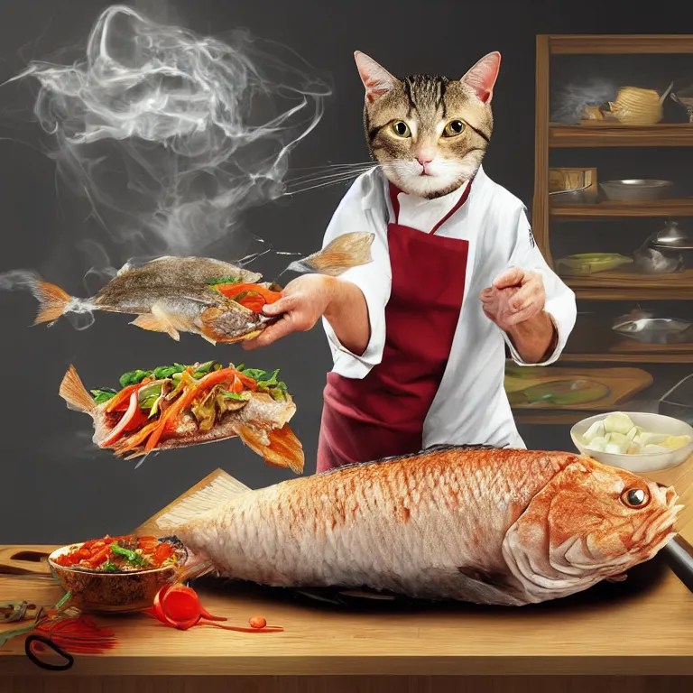 Prompt: “celebrity chef Alton Brown as a cat cooking a whole fish, digital art, 8k, trending on artstation”