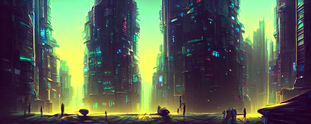 Image similar to A cyberpunk cityscape, by Cyril Rolando, landscape, dramatic lighting, high contrast colors, panoramic view, as trending on Artstation, highly detailed,