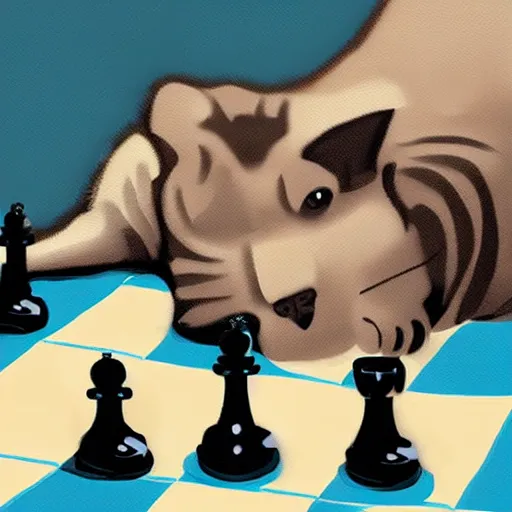 Prompt: a cat is playing the chess with a dog, digital art