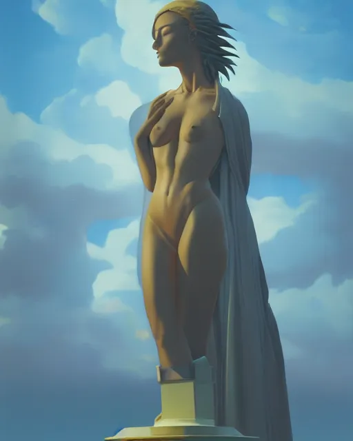 Image similar to a painting of a woman standing in front of a statue, a screenshot by stanley twardowicz, cgsociety, aestheticism, aesthetic, vaporwave, anime aesthetic