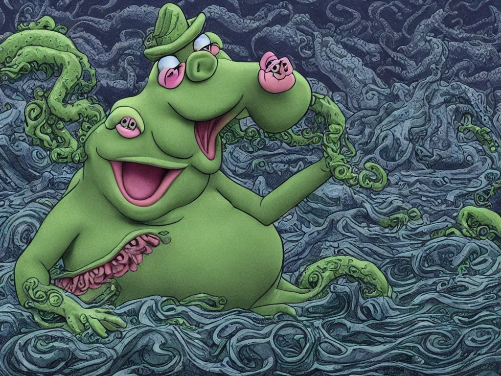 Prompt: Miss Piggy as Cthulhu, rising out of stormy seas. 4K. High detail. In the style of Lovecraft.