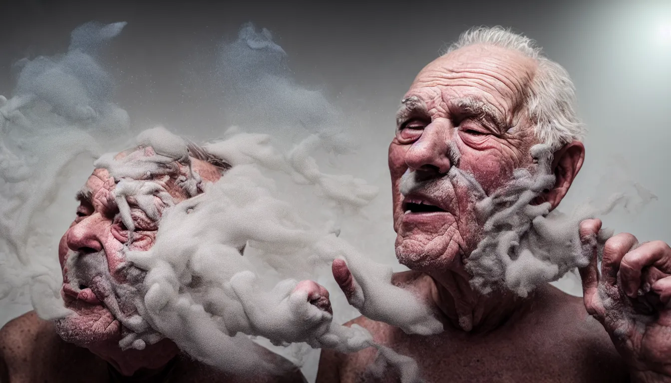 Prompt: o hyper realistic photo of a weathered old man sat in a small untidy room, feedback loop, burst of powders, volumetric lighting, twisting vapour, bellowing dust, emerging hands and beautiful woman's screaming face, full colour, upscale, 4 k