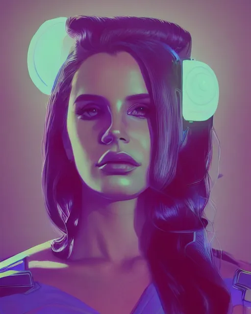 Image similar to portrait of lana del rey as a cyborg. intricate abstract. intricate artwork blue and pink lighting, by tooth wu, wlop, beeple, dan mumford. concept art, octane render, trending on artstation, greg rutkowski very coherent symmetrical artwork. cinematic, key art, hyper realism, high detail, octane render, 8 k, iridescent accents