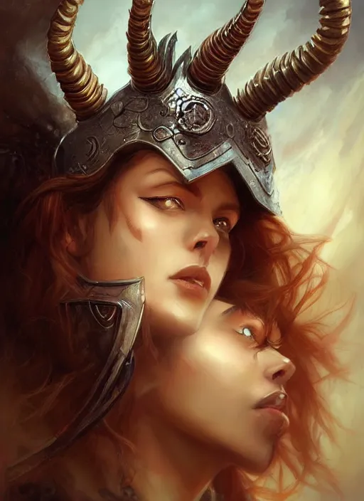 Image similar to a beautiful woman with horns and armor, painted by artgerm and tom bagshaw, fantasy art, dramatic lighting, highly detailed oil painting